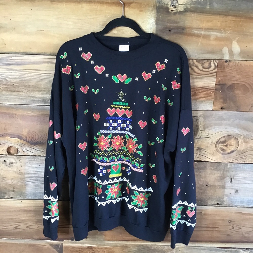 Vtg Christmas on Main Street Pixel Graphic Sweatshirt Christmas Tree Hearts Sz22